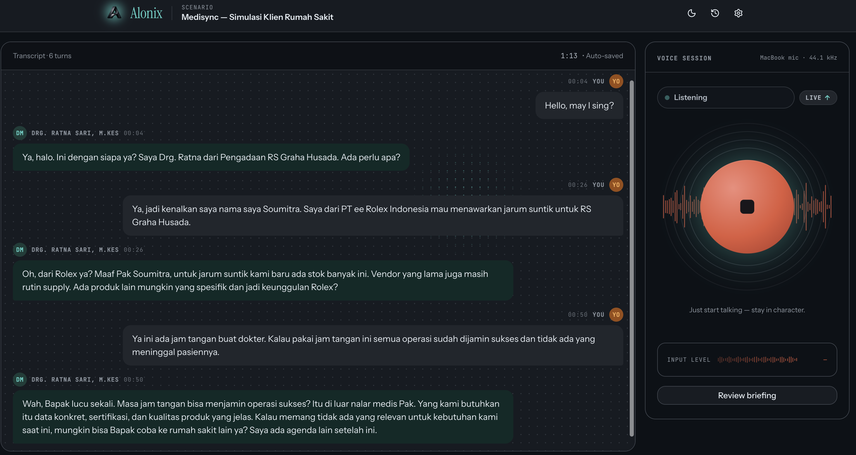 Active simulation with live transcript